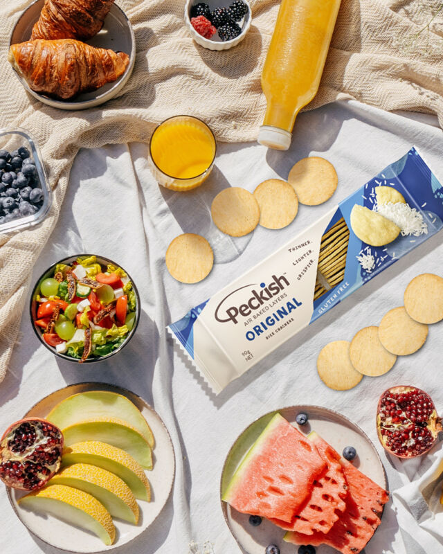 Make Peckish part of your summer picnic essentials! ☀️  Our deliciously light rice crackers are perfect for summer snacking or to pair with any great-tasting dip or cheese on your next picnic.  #ThinnerLighterCrispier #Snack #Crackers #FeelingPeckish